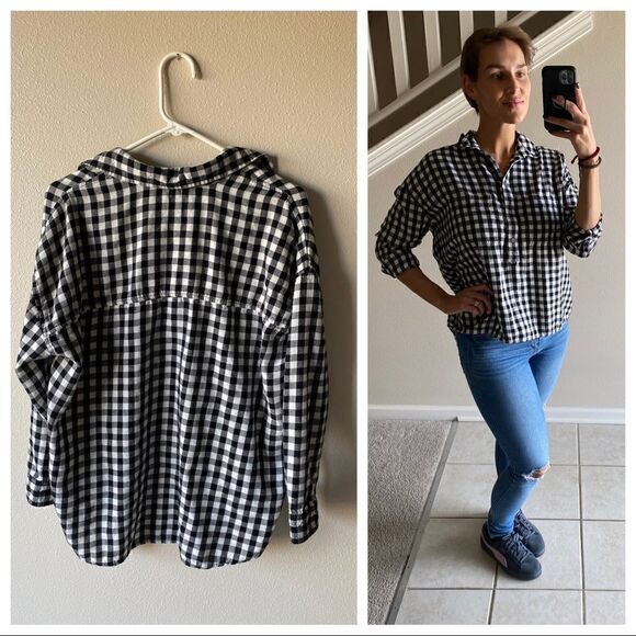 American Eagle Oversized Plaid Shirt Black White Small Relaxed Fit - Picture 8 of 12